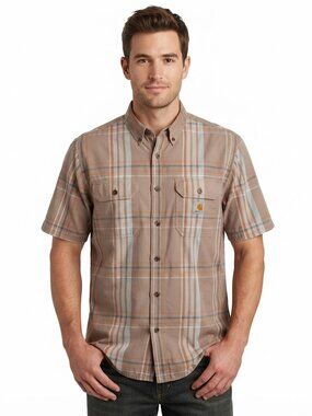 Carhartt Men's Button Up Shirt Plaid Brown Beige Big and Tall Workwear XL